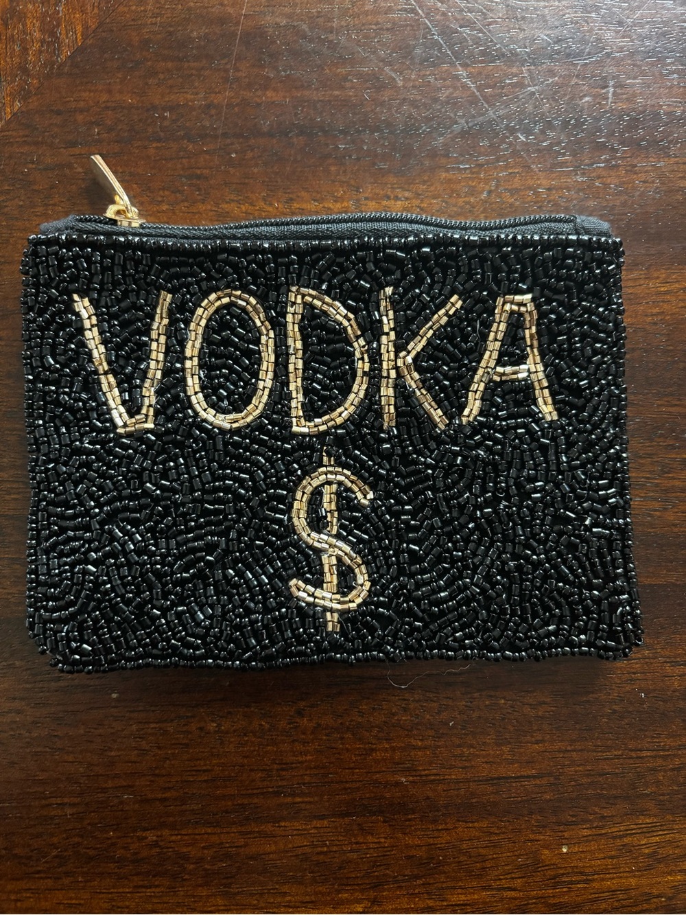 Beaded Black Clutch with Gold 'VODKA $' Lettering